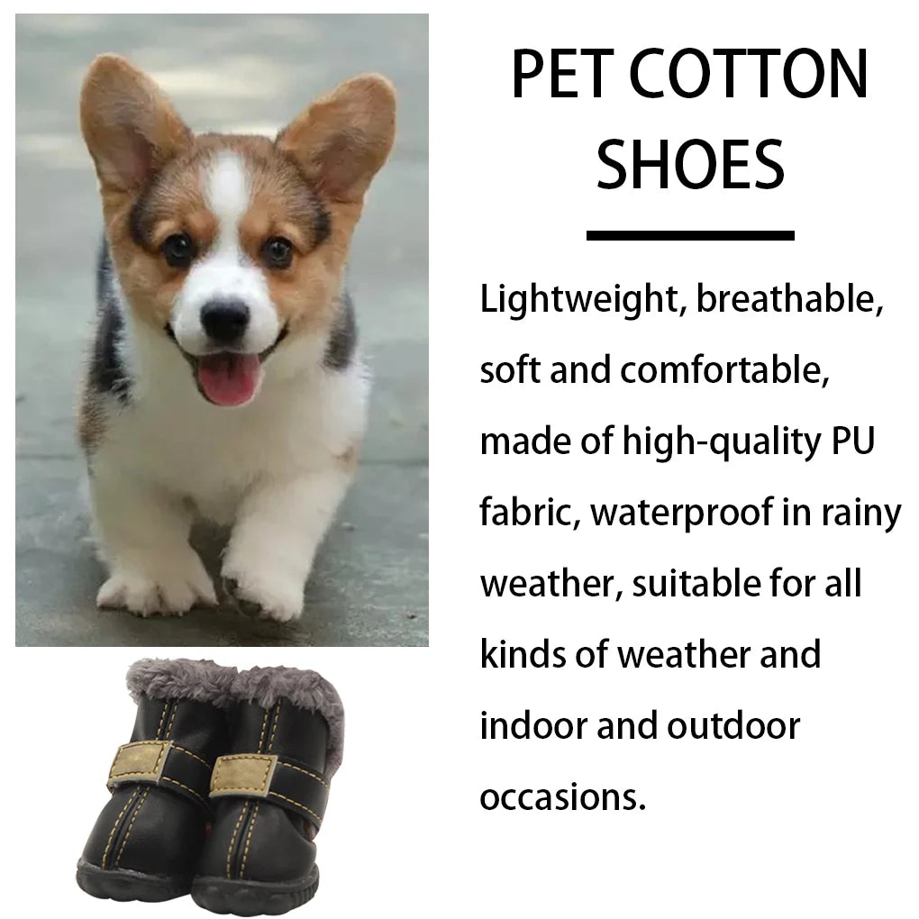4pcs Pet Shoes Waterproof Snow Boots PU Leather Winter Pet Footwear, Silver, 3 Yards