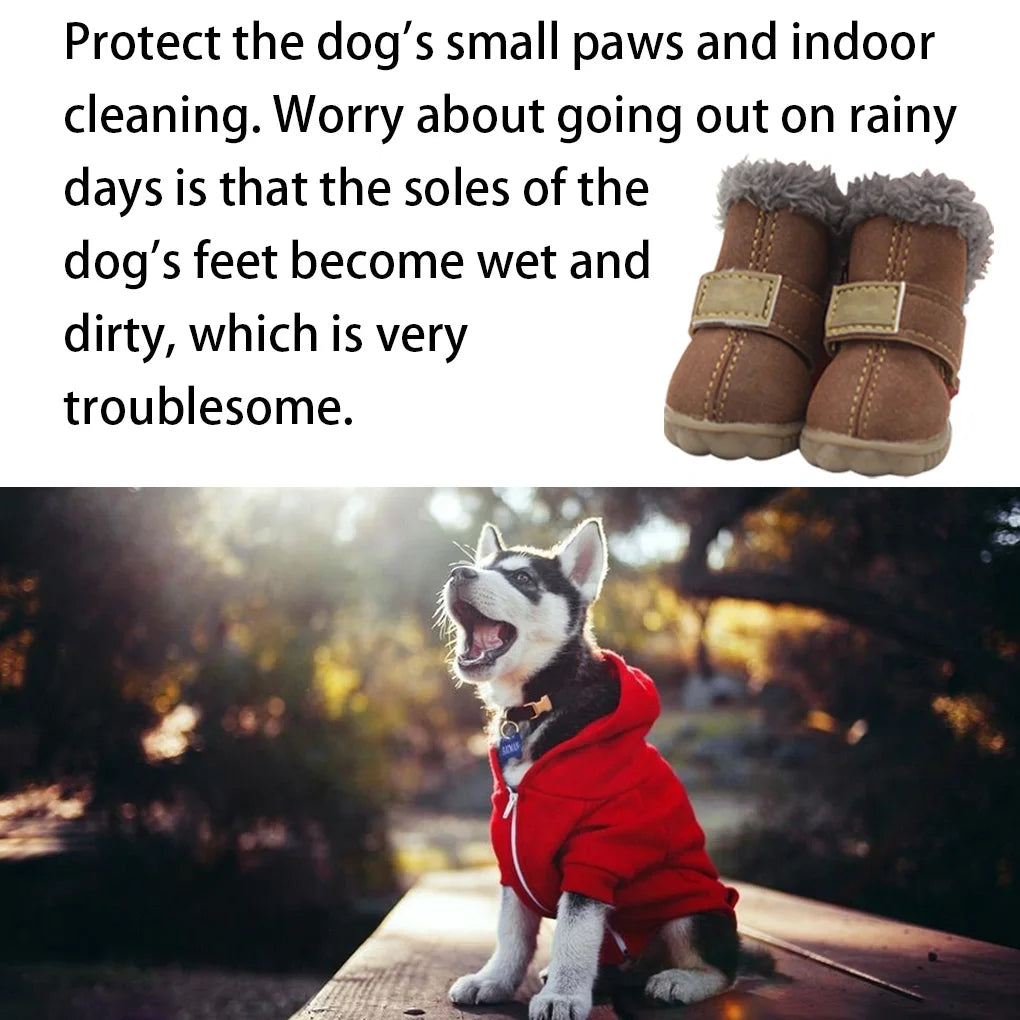 4pcs Pet Shoes Waterproof Snow Boots PU Leather Winter Pet Footwear, Silver, 3 Yards