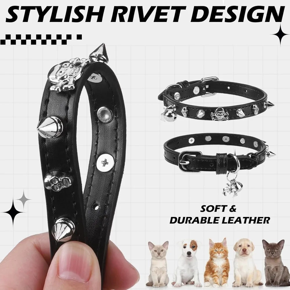 Adjustable Leather Cat Collar with Safety Elastic Belt, Punk Buckle Bell & Durable D-Ring, Rivet (Black)
