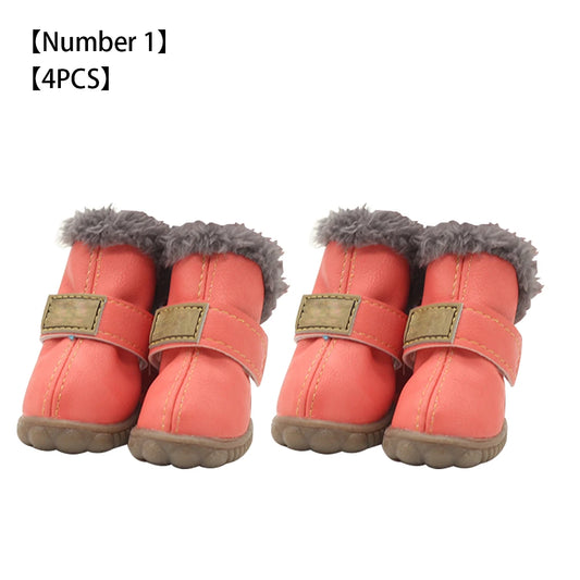 4pcs Pet Shoes Waterproof Snow Boots PU Leather Winter Pet Footwear, Silver, 3 Yards