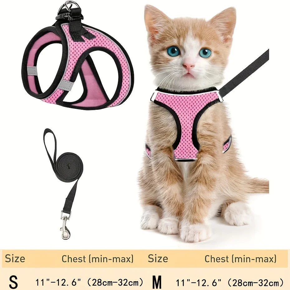 Reflective Cat Harness and Leash Set, Soft Mesh Vest, Polyester, Suitable for Kittens, S/M Sizes Available