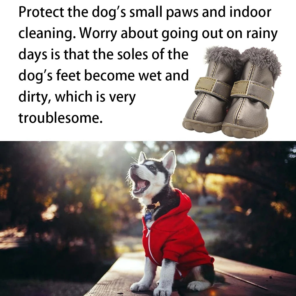 4pcs Pet Shoes Waterproof Snow Boots PU Leather Winter Pet Footwear, Silver, 3 Yards