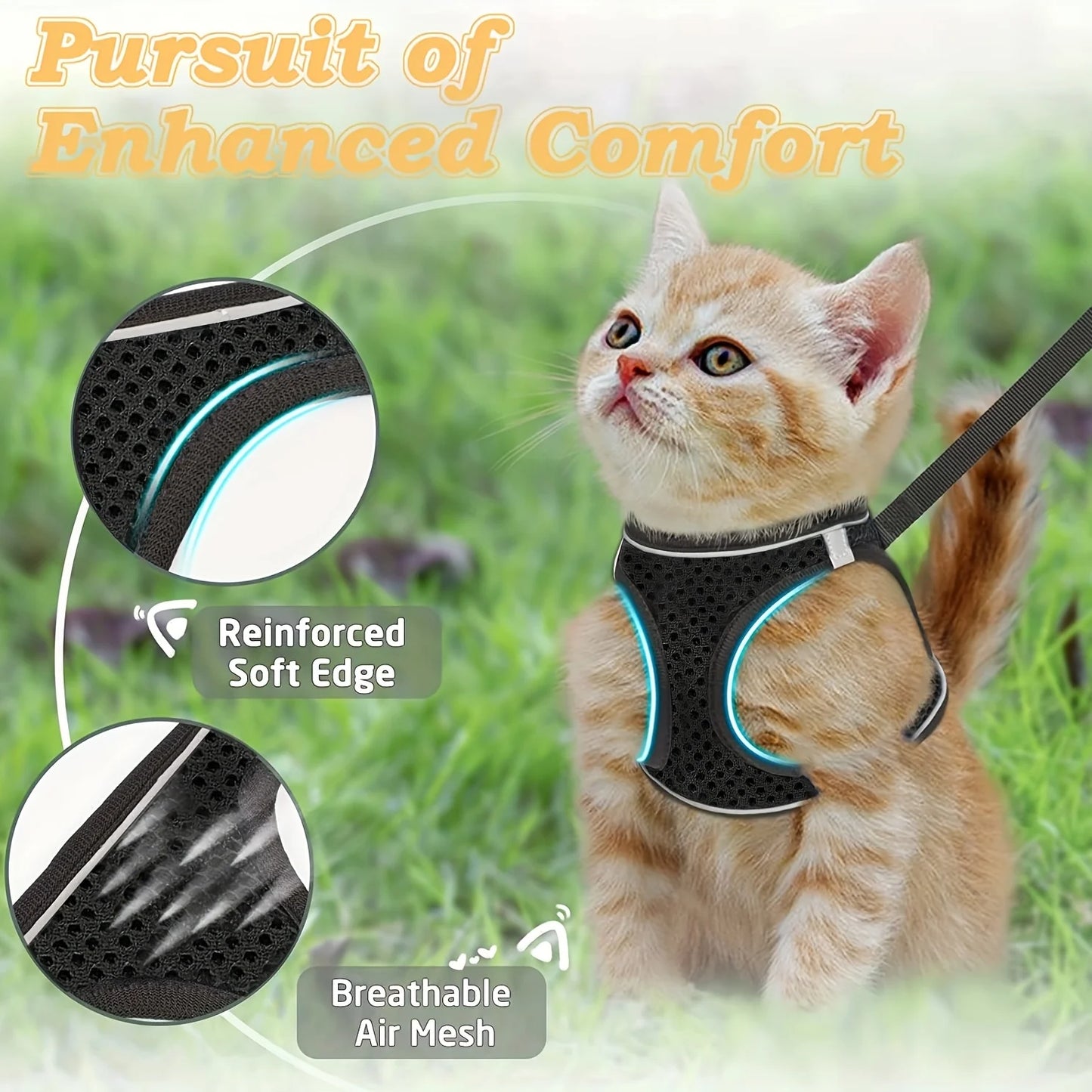 Reflective Cat Harness and Leash Set, Soft Mesh Vest, Polyester, Suitable for Kittens, S/M Sizes Available