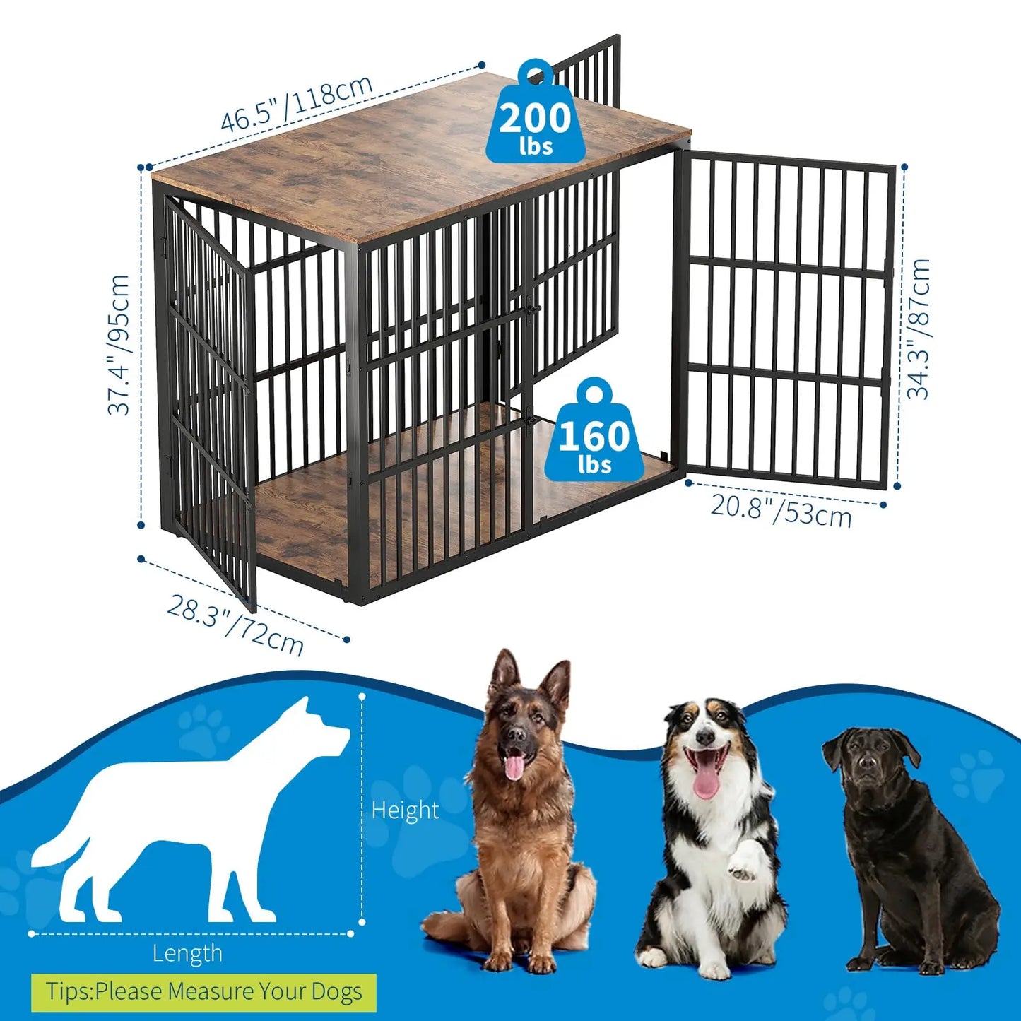 46.5 in 3-in-1 Dog Crate Furniture Wooden Dog Kennel with 3 Lockable Doors Heavy Duty Metal Frame End Table For Medium Large Pet
