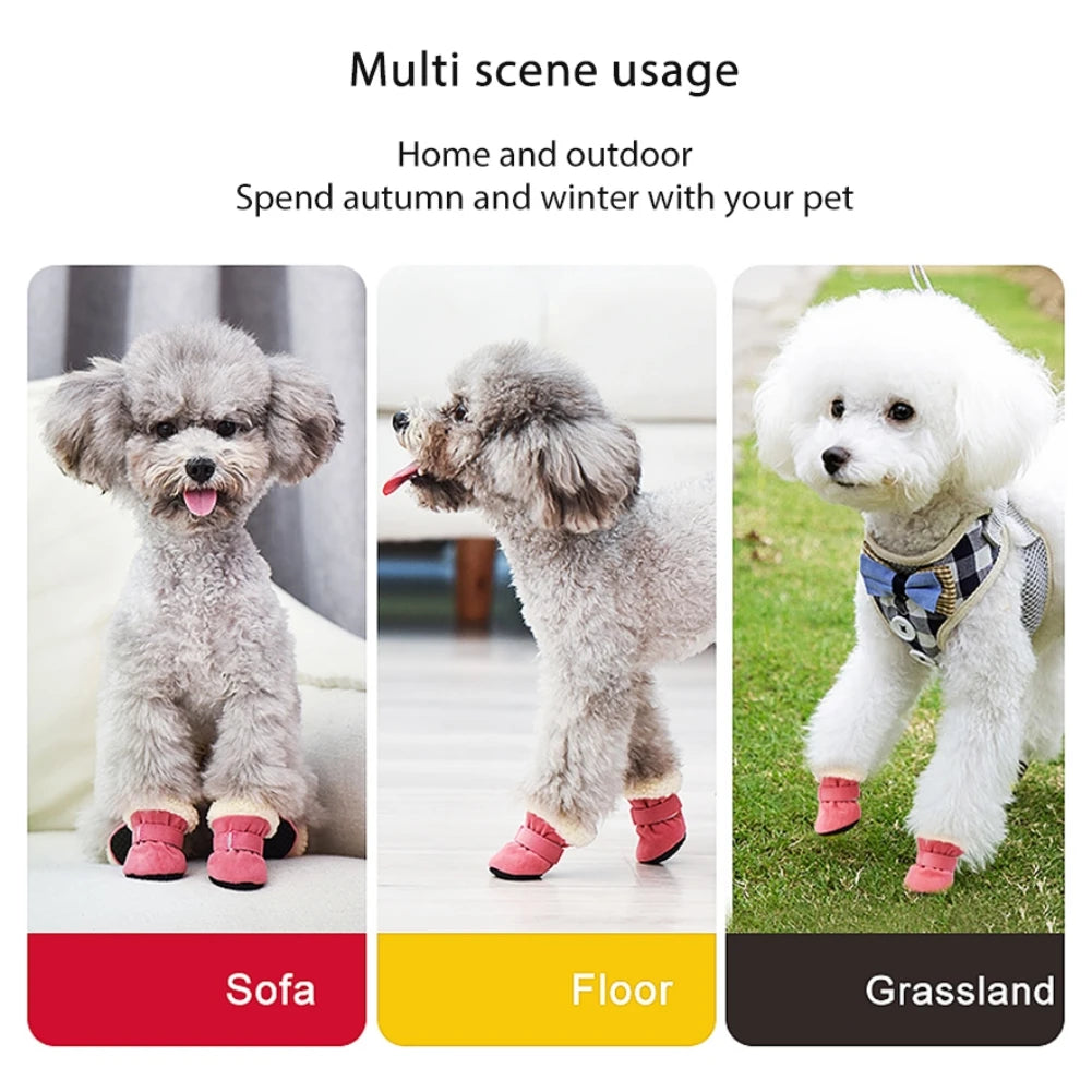 4pcs/set Plush Pet Dog Shoes Autumn Winter Warm Dog Boots Socks Comfortable Anti-slip Puppy Cat Rain Snow Booties Footwear