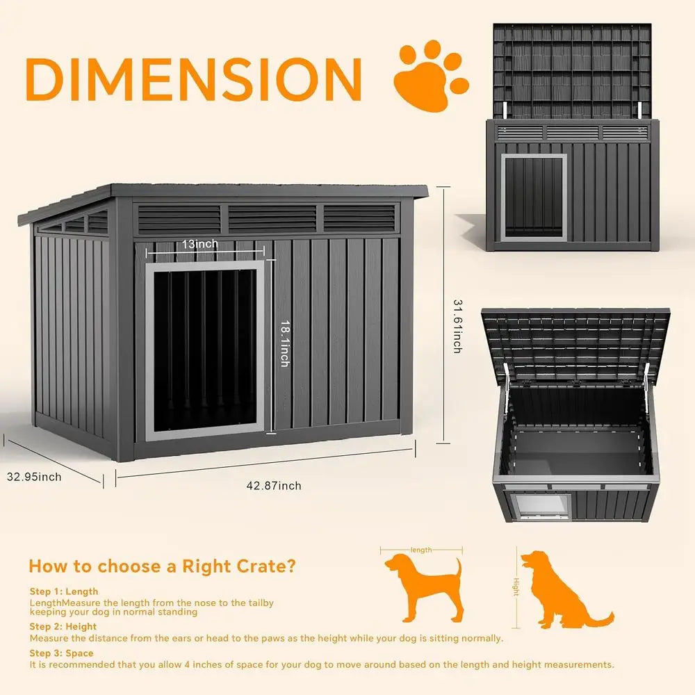 Large Dog House Outdoor or Indoor with Weatherproo & Removable Roo,its Small to Large (Black, 42.87 * 32.95 * 31.61'')