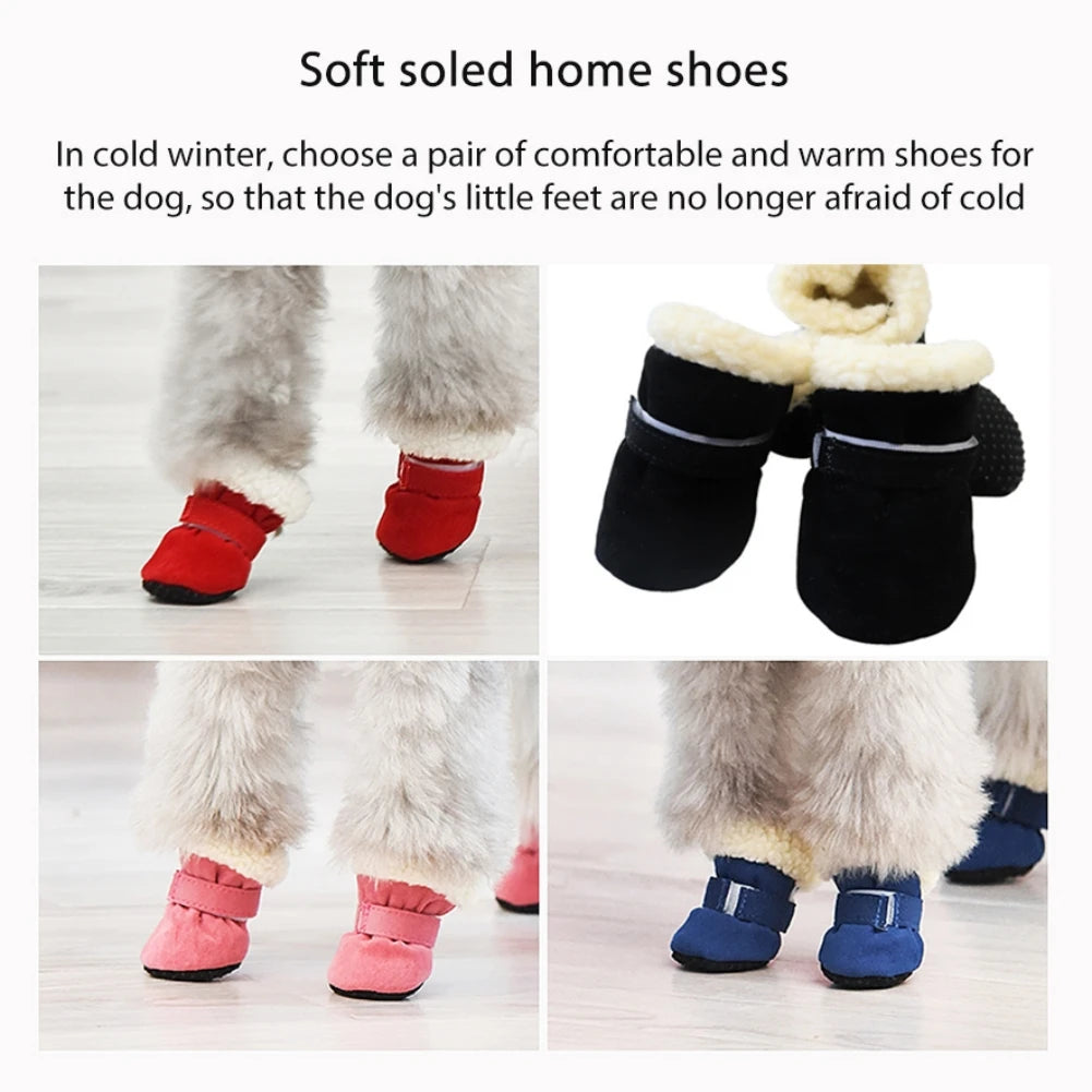 4pcs/set Plush Pet Dog Shoes Autumn Winter Warm Dog Boots Socks Comfortable Anti-slip Puppy Cat Rain Snow Booties Footwear