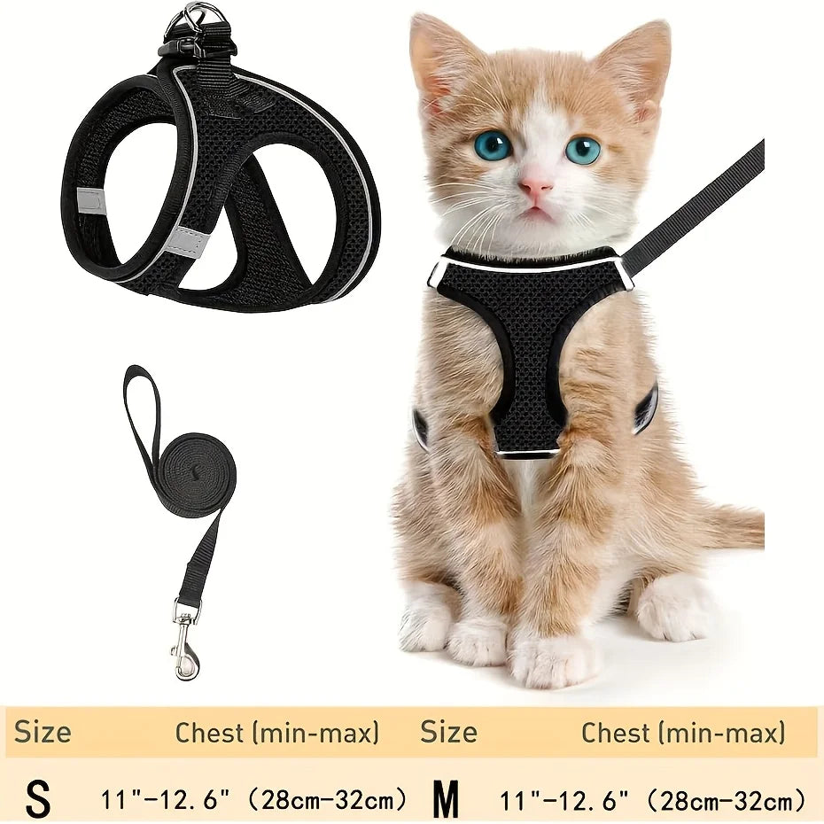 Reflective Cat Harness and Leash Set, Soft Mesh Vest, Polyester, Suitable for Kittens, S/M Sizes Available