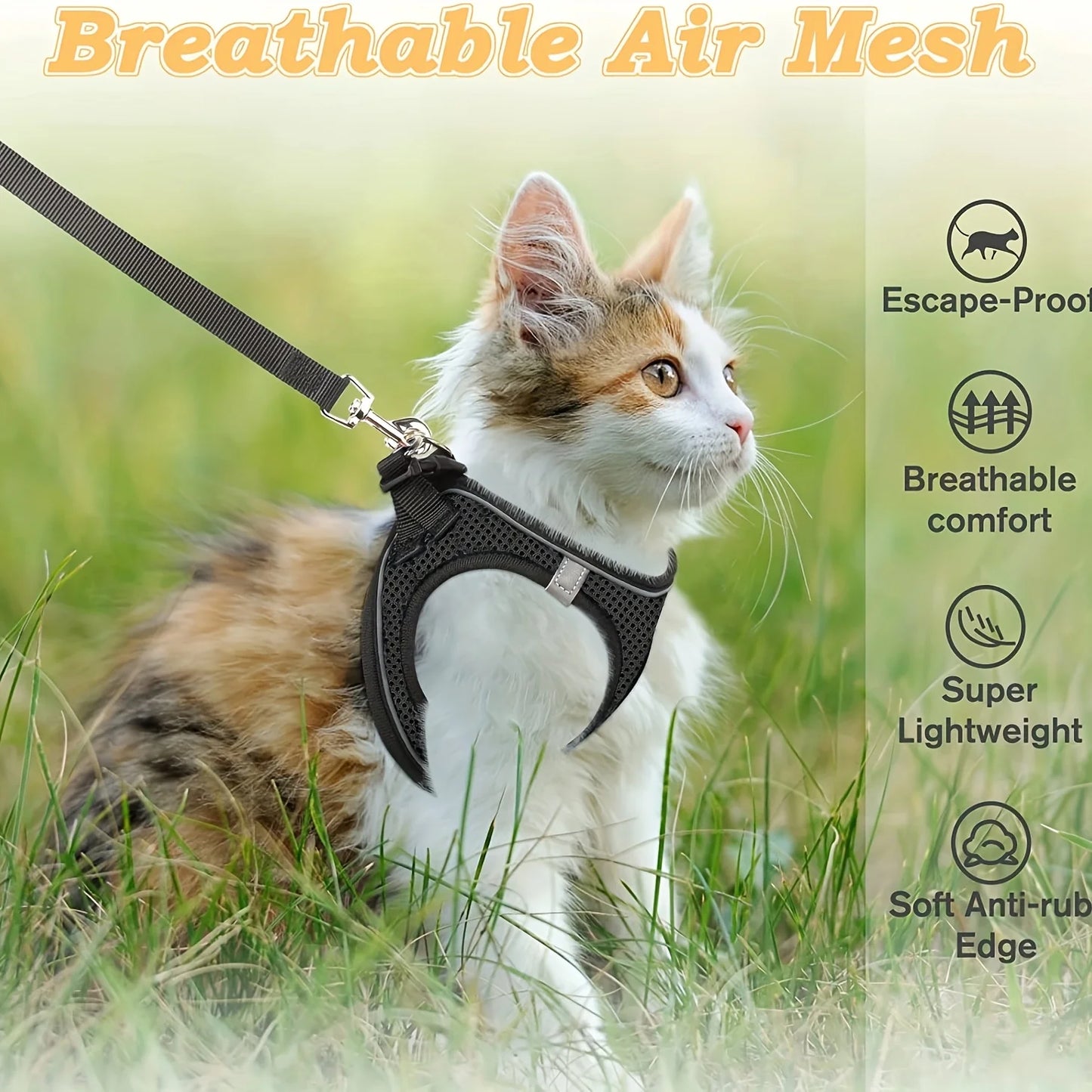 Reflective Cat Harness and Leash Set, Soft Mesh Vest, Polyester, Suitable for Kittens, S/M Sizes Available