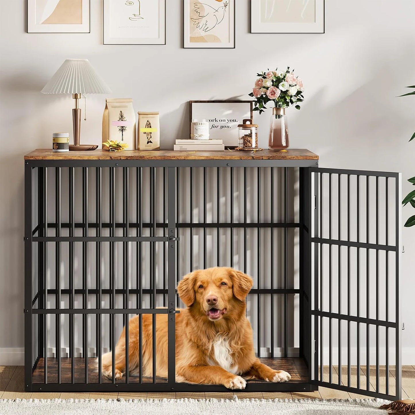 46.5 in 3-in-1 Dog Crate Furniture Wooden Dog Kennel with 3 Lockable Doors Heavy Duty Metal Frame End Table For Medium Large Pet