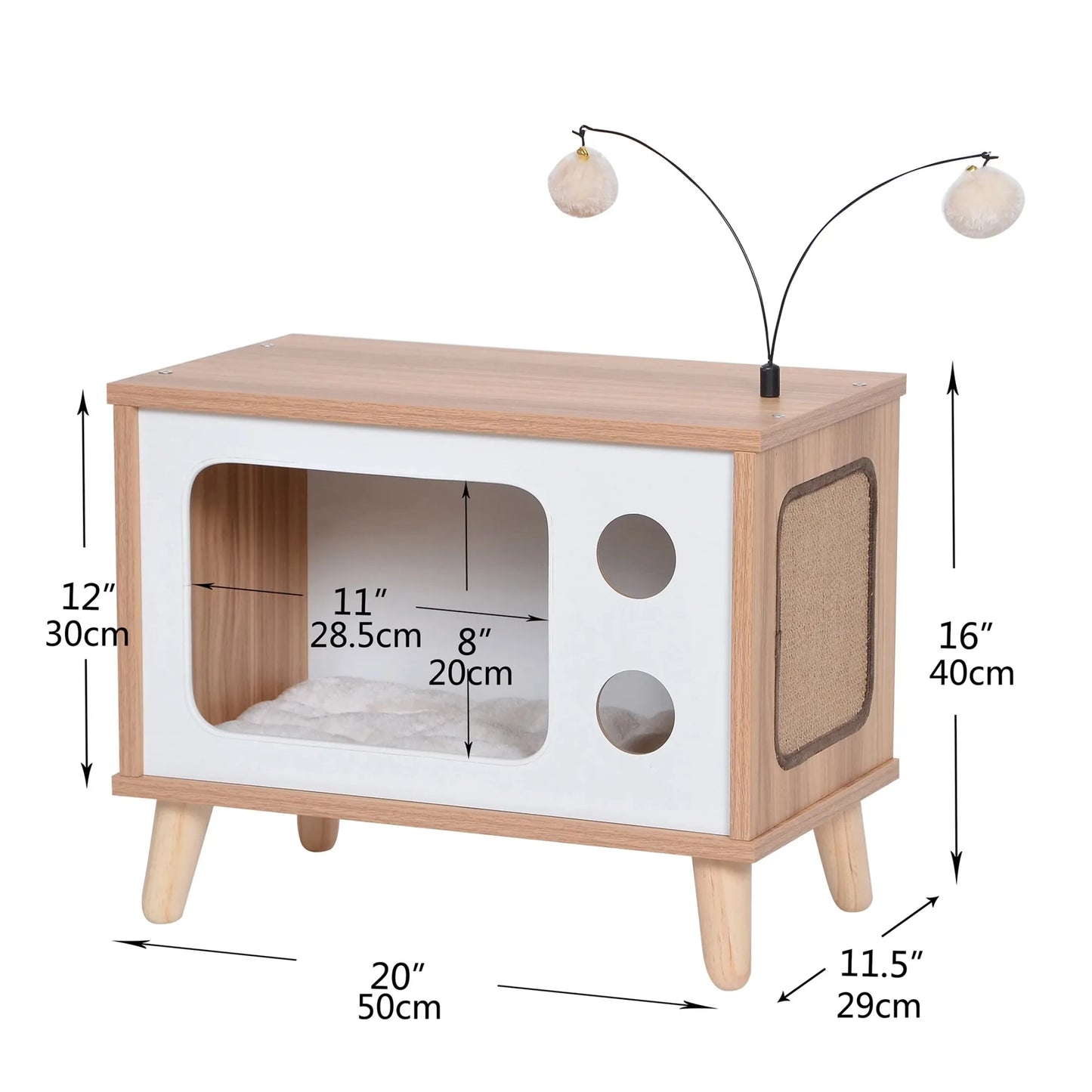Purr-View Retro TV Cat Condo with Jute Scratching Pad & Washable Mat, Ball Toy Antenna, White & Tan, 20" L x 11.5" W x 16" H