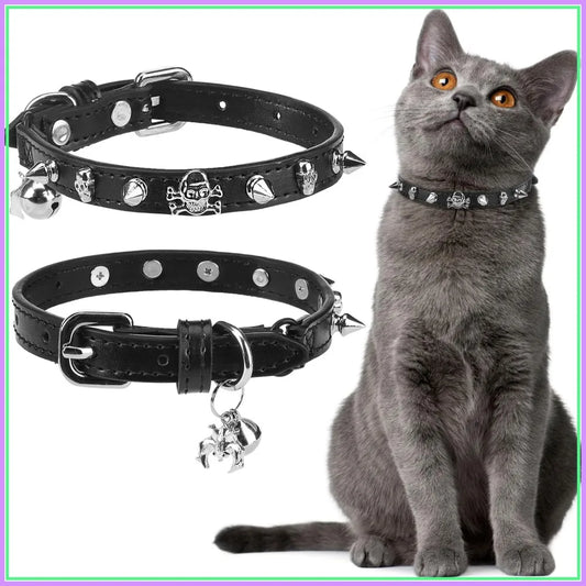 Adjustable Leather Cat Collar with Safety Elastic Belt, Punk Buckle Bell & Durable D-Ring, Rivet (Black)